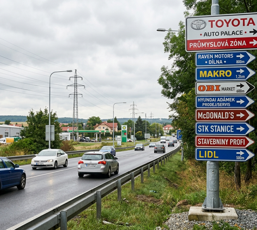 Navigační systém na sloupu u silnice